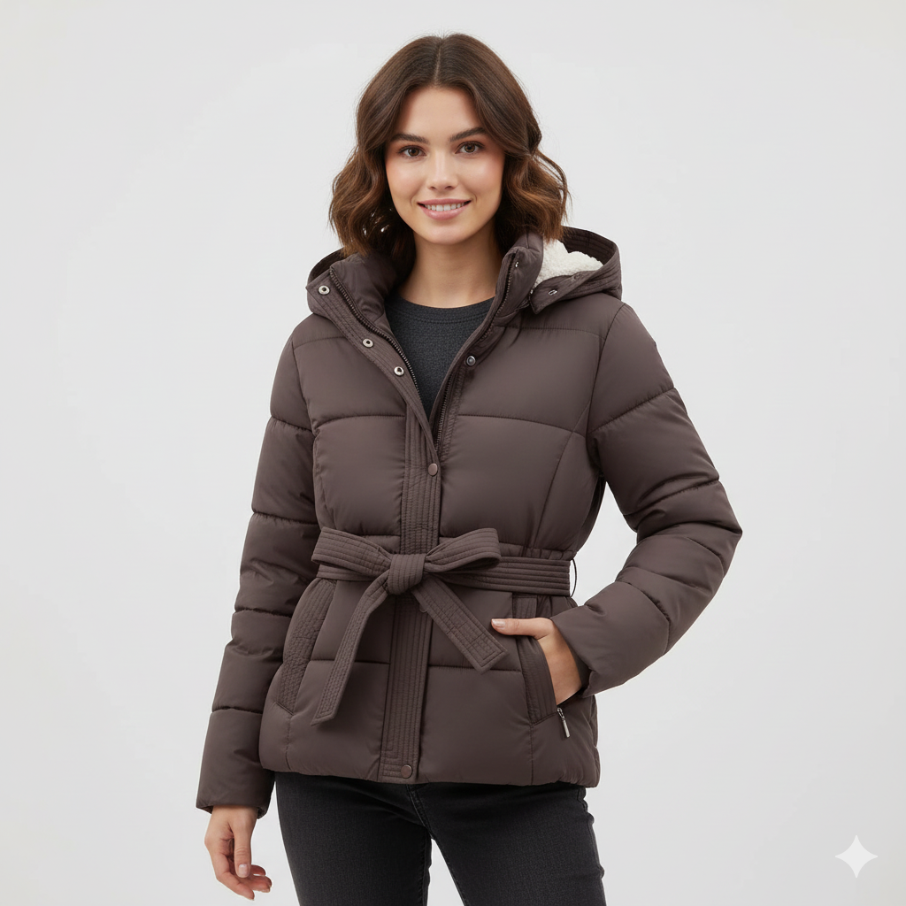 Leyna Women's Puffer Jacket – Belted Coat with Warm Hood & Elegant Cut