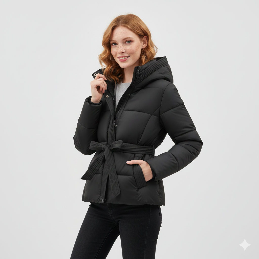 Leyna Women's Puffer Jacket – Belted Coat with Warm Hood & Elegant Cut