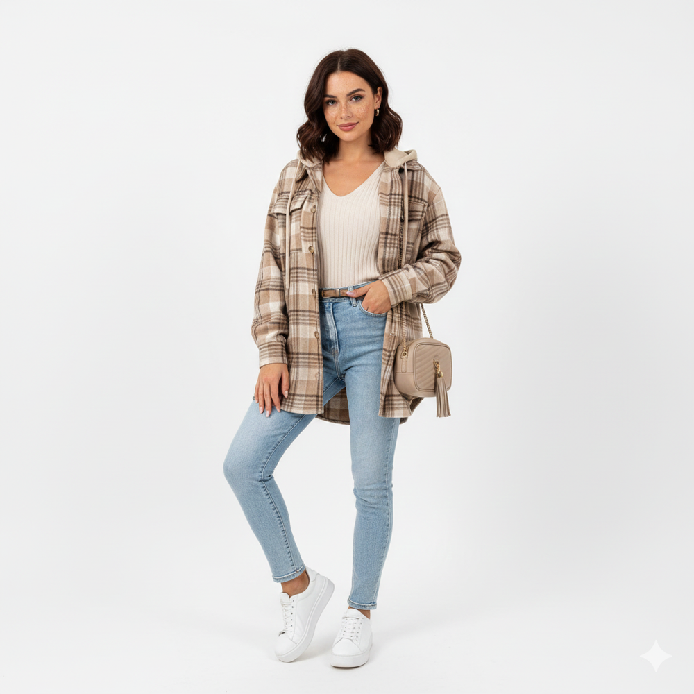 Lian Women's Hooded Coat – Warm Plaid Jacket with Casual Fit