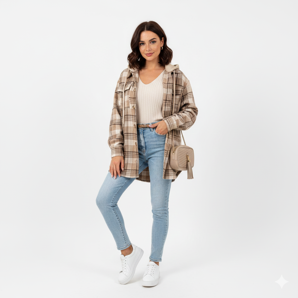 Lian Women's Hooded Coat – Warm Plaid Jacket with Casual Fit