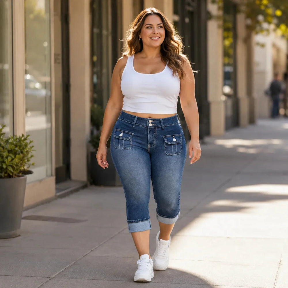 Curvella – Curvy Fit Stretch Denim-like Capri Jeans, Mid Rise Cuffed Hem