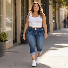 Curvella – Curvy Fit Stretch Denim-like Capri Jeans, Mid Rise Cuffed Hem