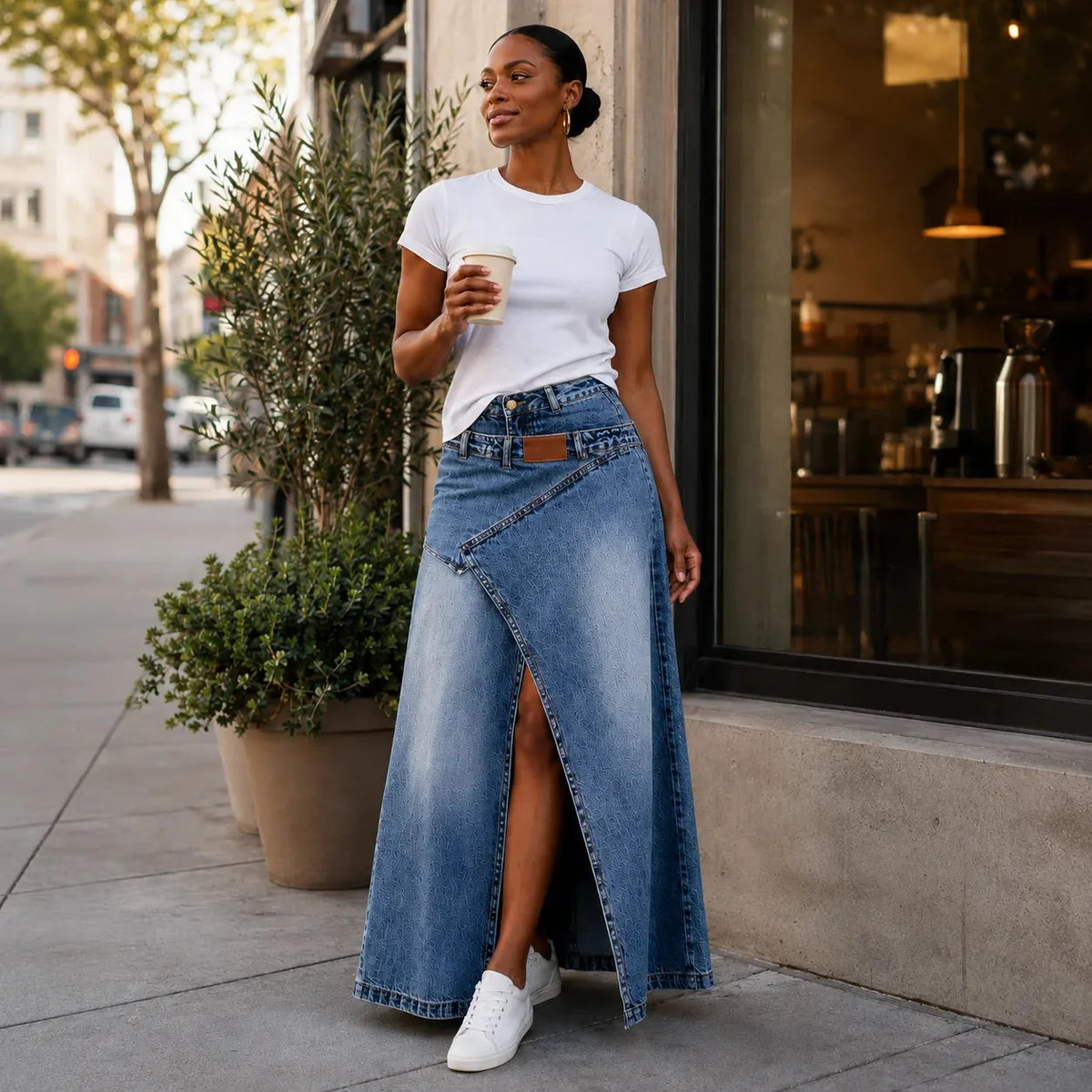 Saviera – Asymmetric Layered Denim Maxi Skirt with High Front Slit