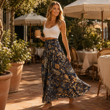 Floressa – Smocked High-Waist Floral Maxi Skirt with Flowy A-Line Sweep