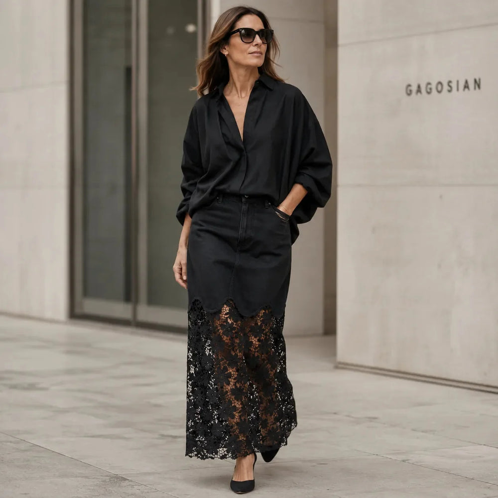 Florenza – Floral lace hem high waist denim maxi skirt with pockets