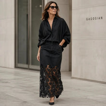 Florenza – Floral lace hem high waist denim maxi skirt with pockets