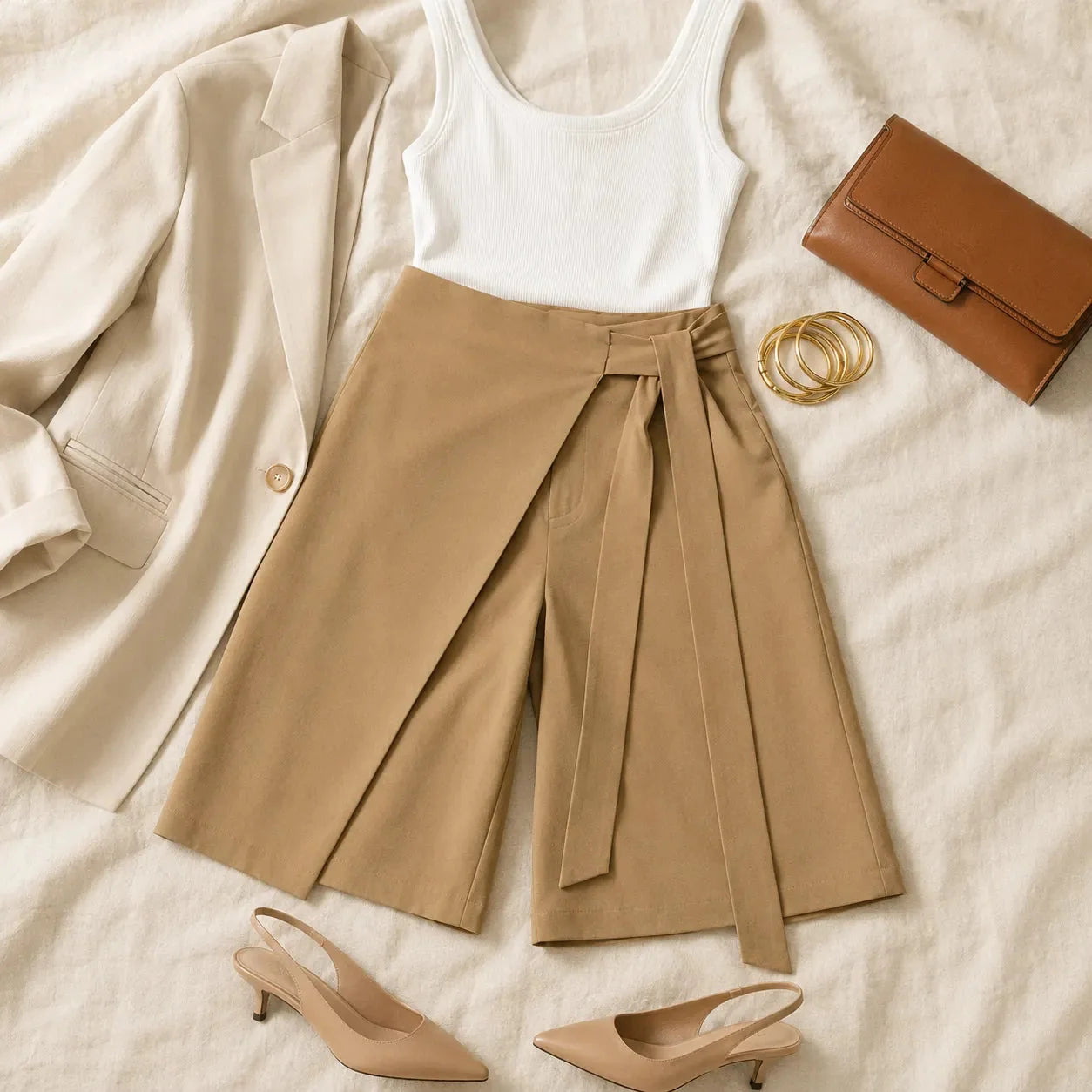 Solene – High-Waisted Wide-Leg Tie-Front Culottes for Women