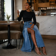 Saviera – Asymmetric Layered Denim Maxi Skirt with High Front Slit