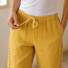 Loravie – Eyelet Trim Cotton-Linen-like Capri Pants with Drawstring Waist
