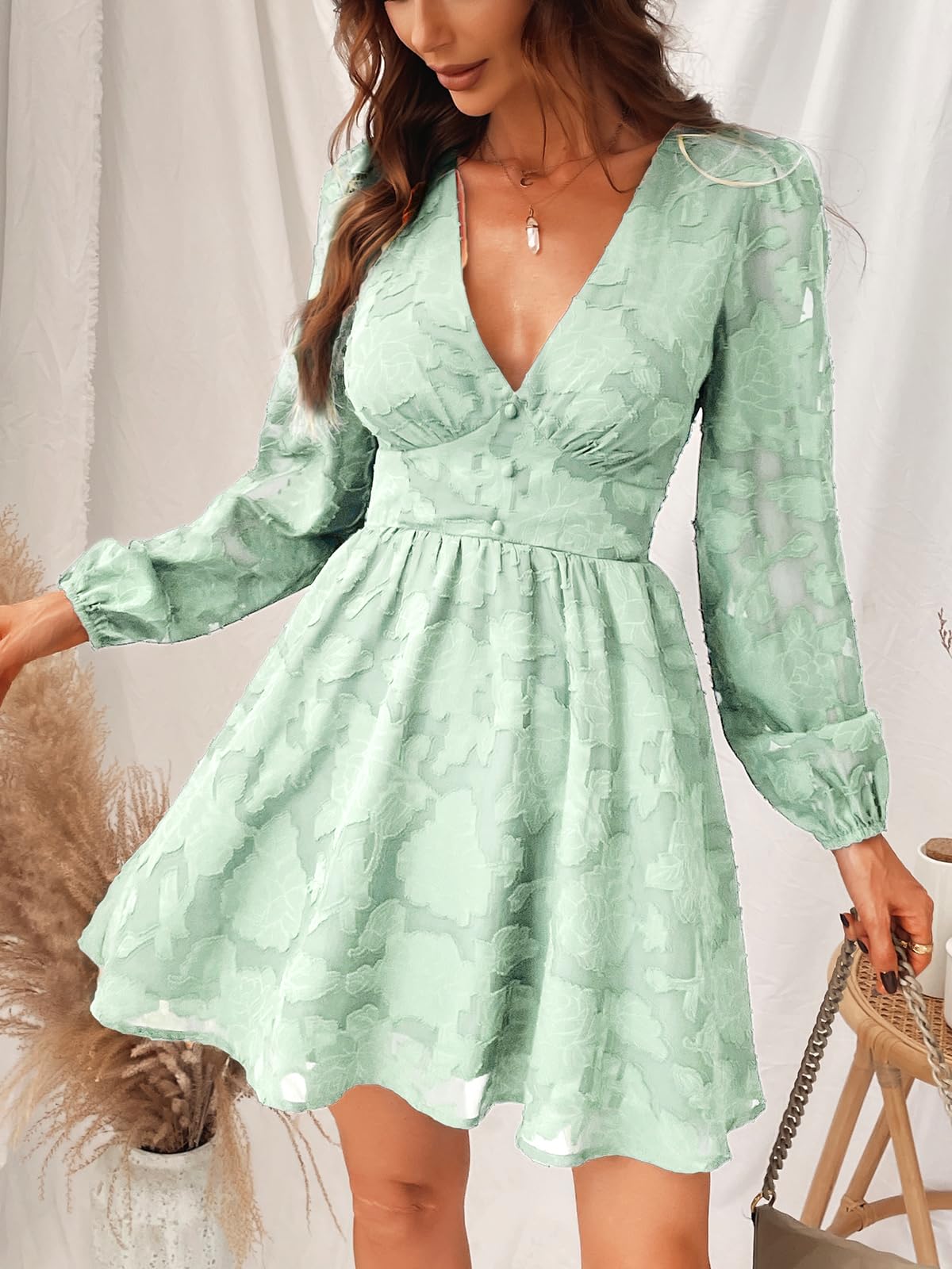 Virelle Cupshe Dress for Women – Floral Lace V-Neck, Long Sleeves & Elegant A-Line Cut