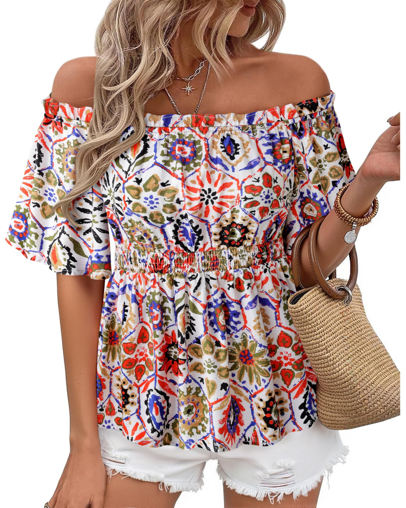 Lenora Women's Top – Off-Shoulder Peplum Blouse with Ruffles, Elegant Fitted Summer Cut