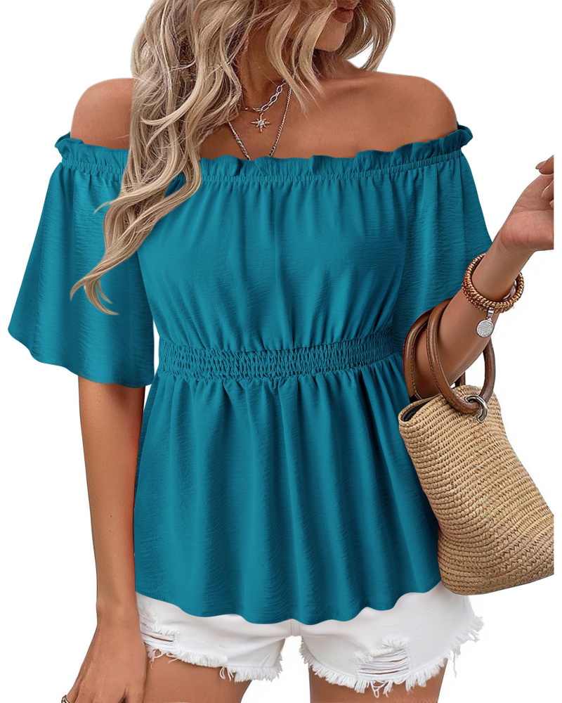 Lenora Women's Top – Off-Shoulder Peplum Blouse with Ruffles, Elegant Fitted Summer Cut