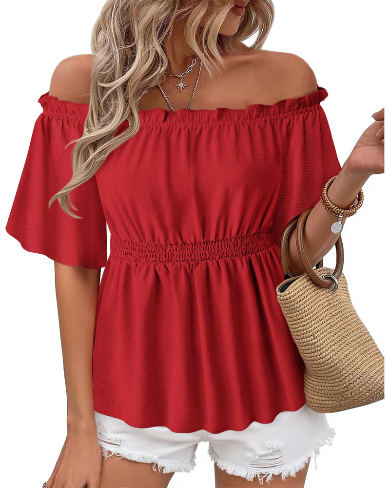 Lenora Women's Top – Off-Shoulder Peplum Blouse with Ruffles, Elegant Fitted Summer Cut