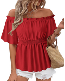 Lenora Women's Top – Off-Shoulder Peplum Blouse with Ruffles, Elegant Fitted Summer Cut