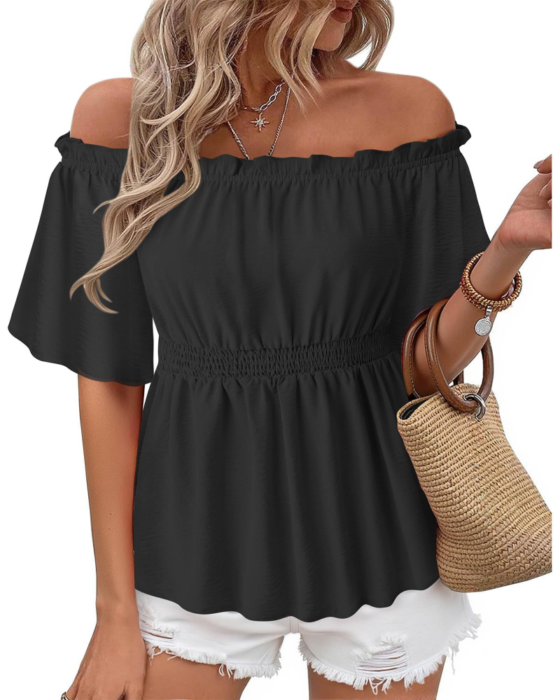 Lenora Women's Top – Off-Shoulder Peplum Blouse with Ruffles, Elegant Fitted Summer Cut