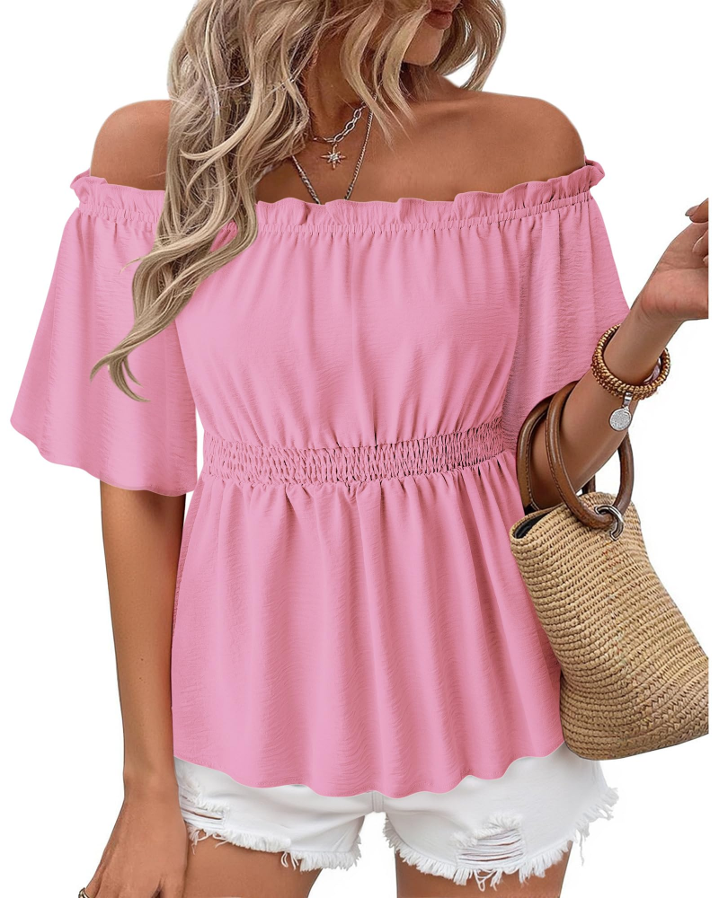 Lenora Women's Top – Off-Shoulder Peplum Blouse with Ruffles, Elegant Fitted Summer Cut