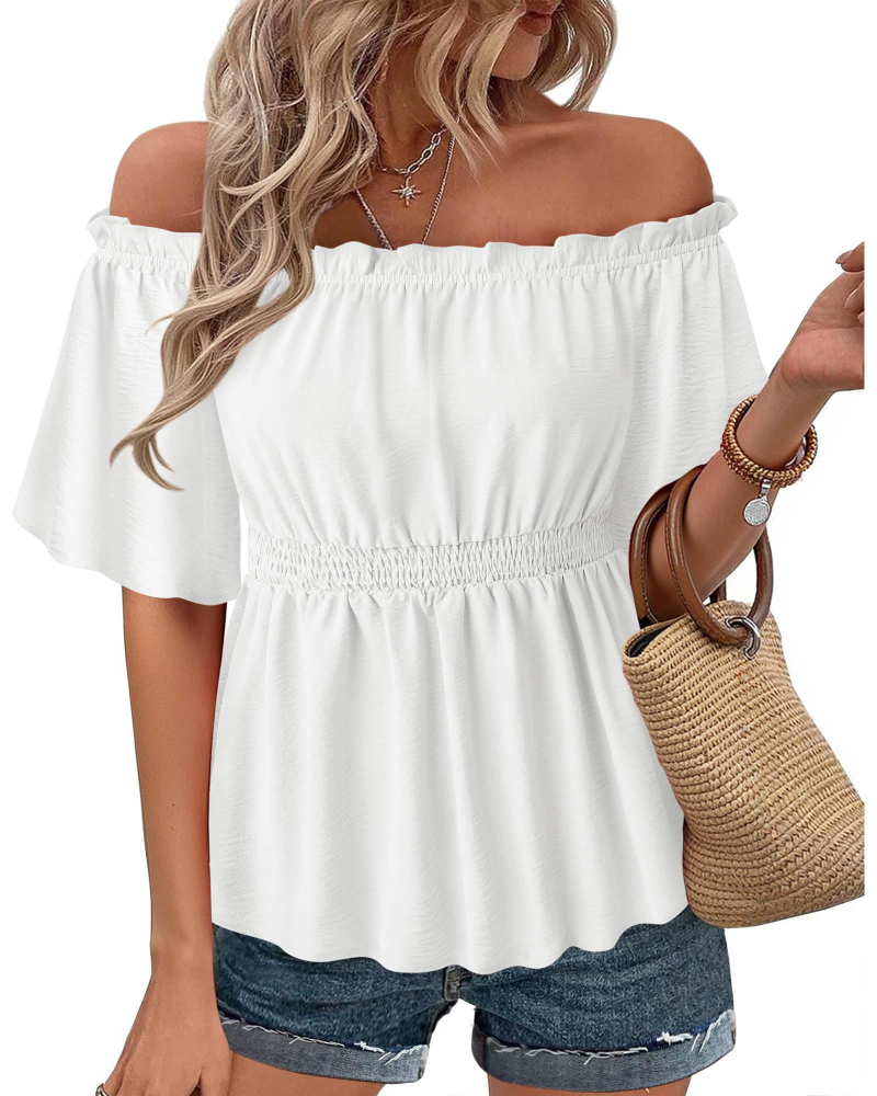 Lenora Women's Top – Off-Shoulder Peplum Blouse with Ruffles, Elegant Fitted Summer Cut