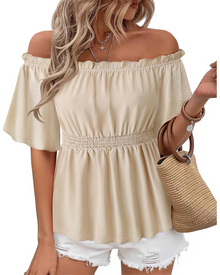 Lenora Women's Top – Off-Shoulder Peplum Blouse with Ruffles, Elegant Fitted Summer Cut