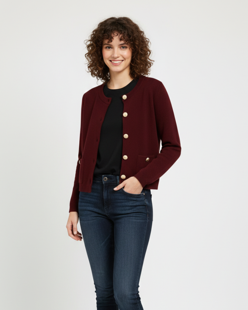 Maria Women's Cardigan – Fine Structured Knit, Contrasting Buttons & Elegant Style