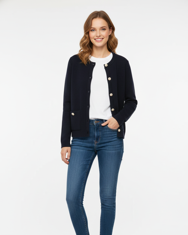 Maria Women's Cardigan – Fine Structured Knit, Contrasting Buttons & Elegant Style