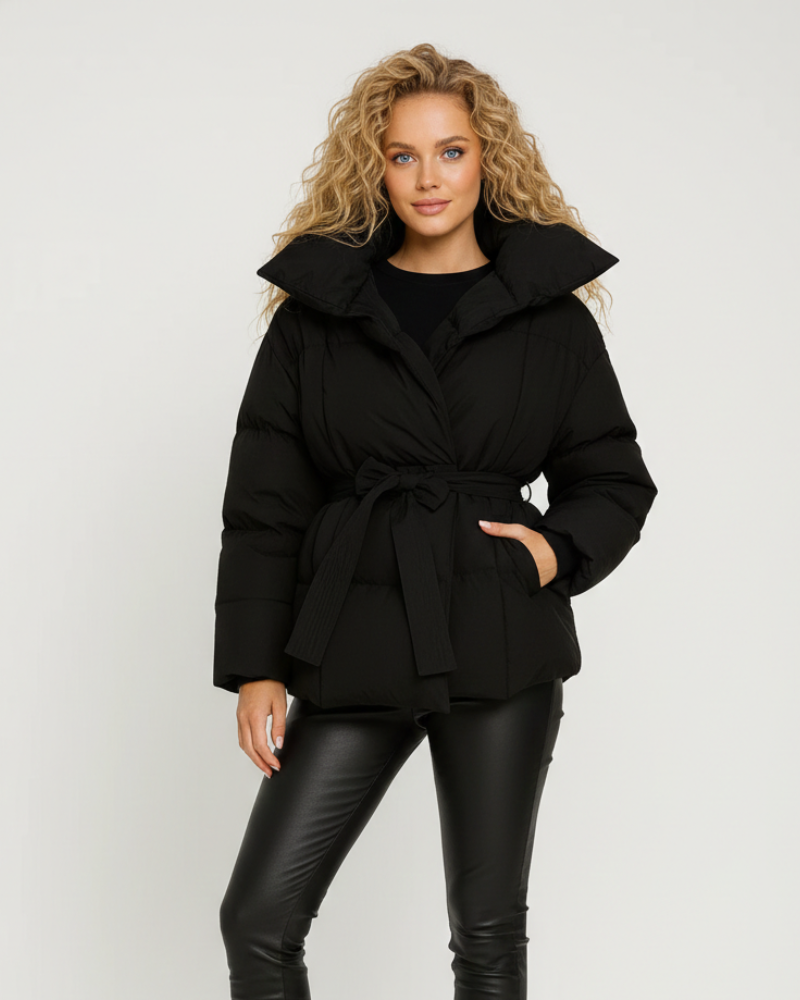 Micah Women's Belted Down Jacket – Oversized Collar, Warm Quilting & Modern Style