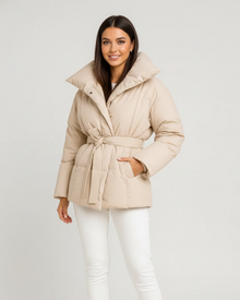 Micah Women's Belted Down Jacket – Oversized Collar, Warm Quilting & Modern Style