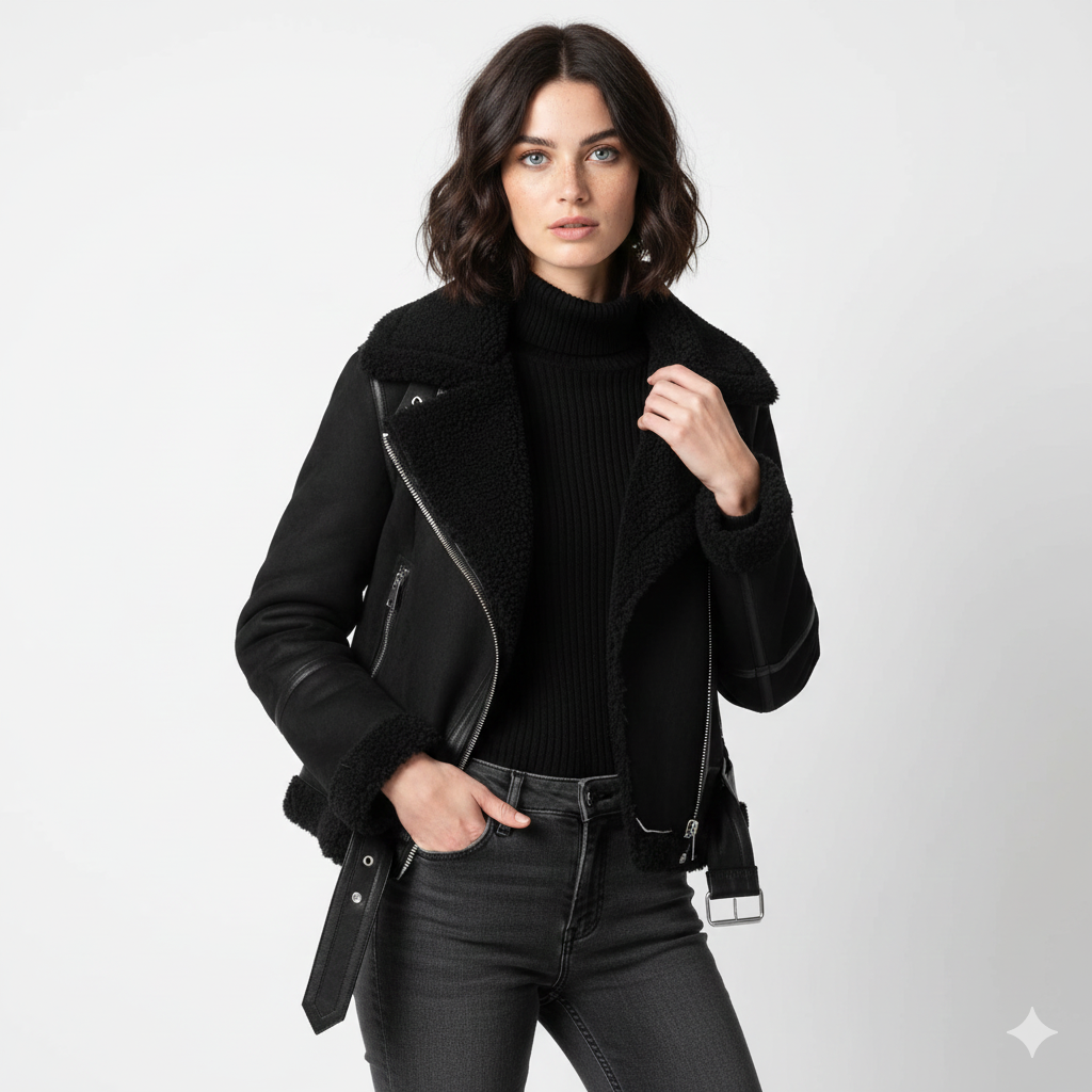 Beverly Women's Biker Coat – Warm Suede Shearling Jacket with Modern Style & Zipped Details