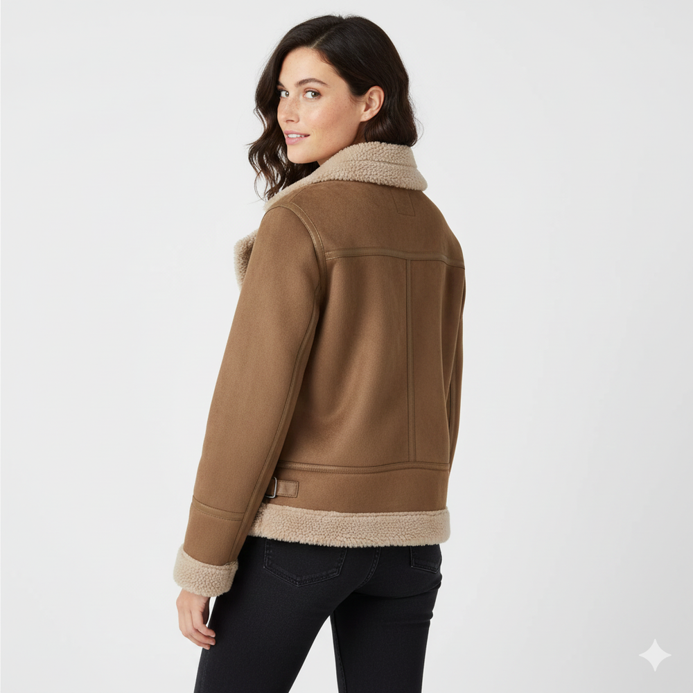 Beverly Women's Biker Coat – Warm Suede Shearling Jacket with Modern Style & Zipped Details