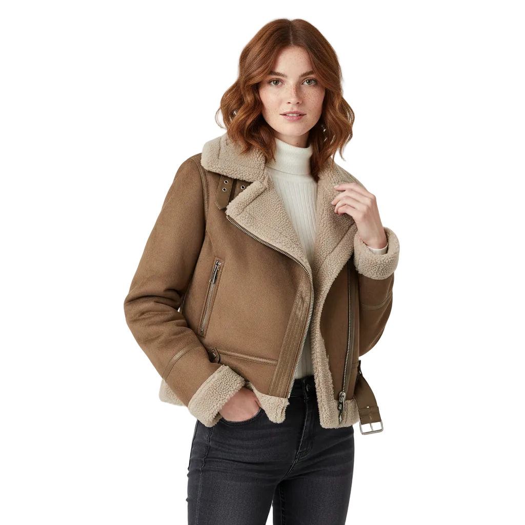 Beverly Women's Biker Coat – Warm Suede Shearling Jacket with Modern Style & Zipped Details