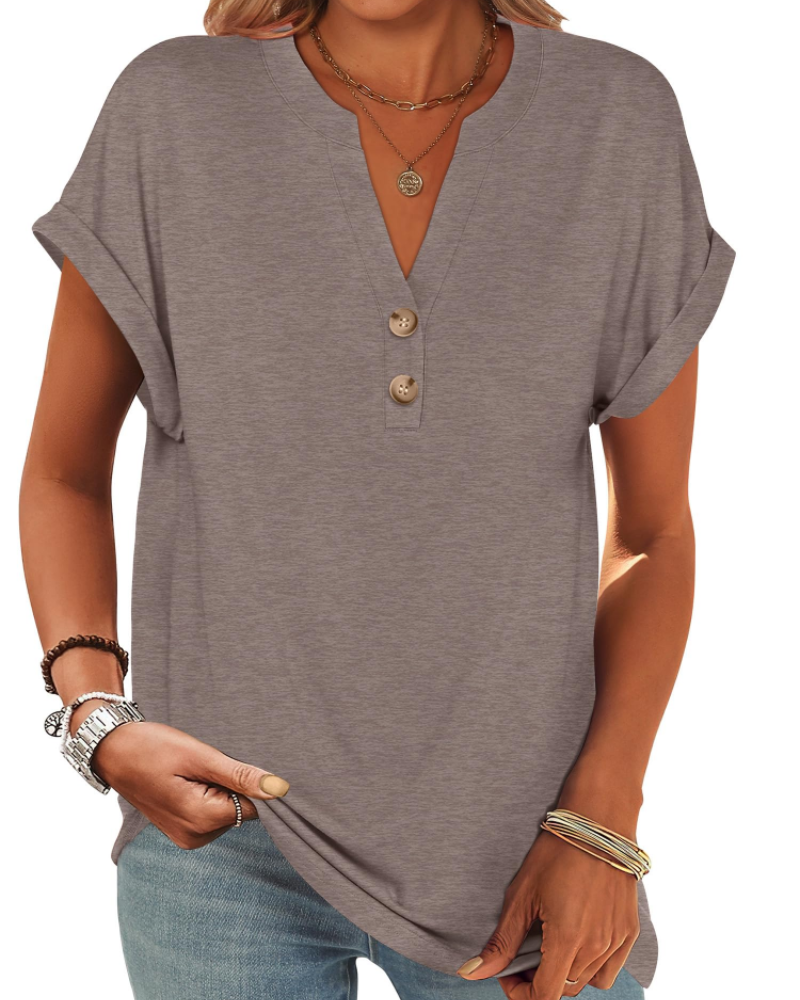 Manon Women's Top – V-Neck Henley Blouse with Buttons, Casual Chic Fluid Fit Summer