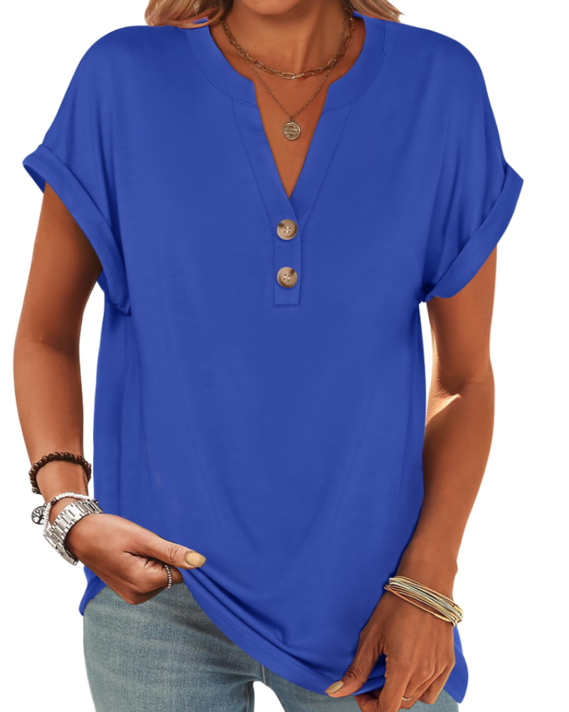 Manon Women's Top – V-Neck Henley Blouse with Buttons, Casual Chic Fluid Fit Summer