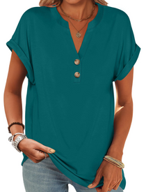 Manon Women's Top – V-Neck Henley Blouse with Buttons, Casual Chic Fluid Fit Summer