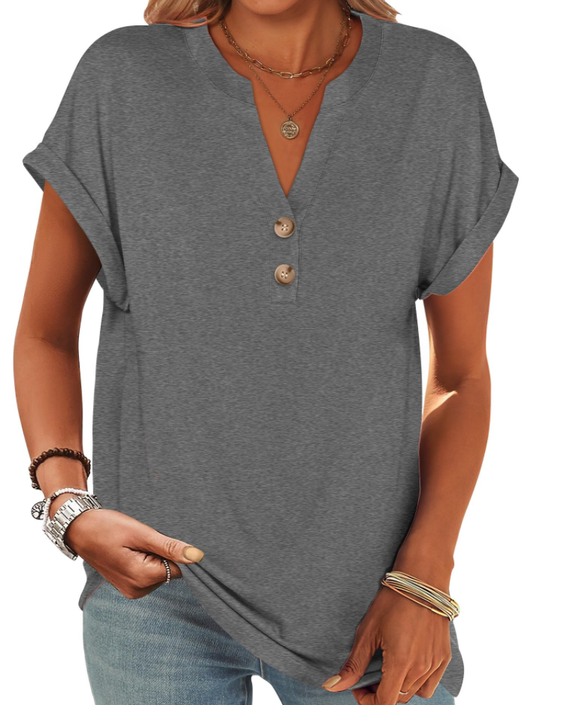 Manon Women's Top – V-Neck Henley Blouse with Buttons, Casual Chic Fluid Fit Summer