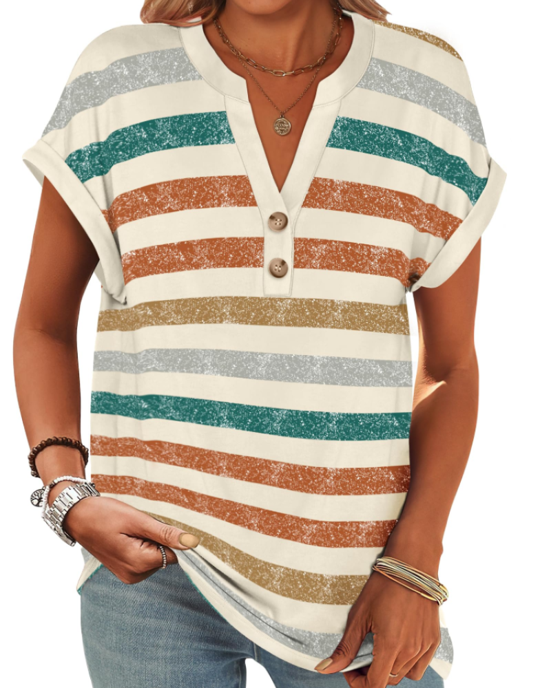 Manon Women's Top – V-Neck Henley Blouse with Buttons, Casual Chic Fluid Fit Summer