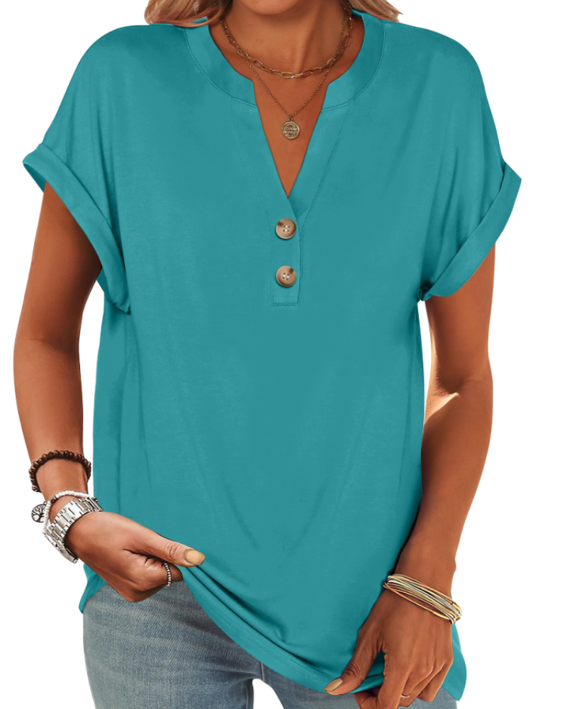 Manon Women's Top – V-Neck Henley Blouse with Buttons, Casual Chic Fluid Fit Summer