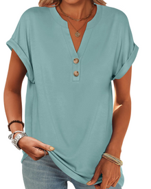 Manon Women's Top – V-Neck Henley Blouse with Buttons, Casual Chic Fluid Fit Summer