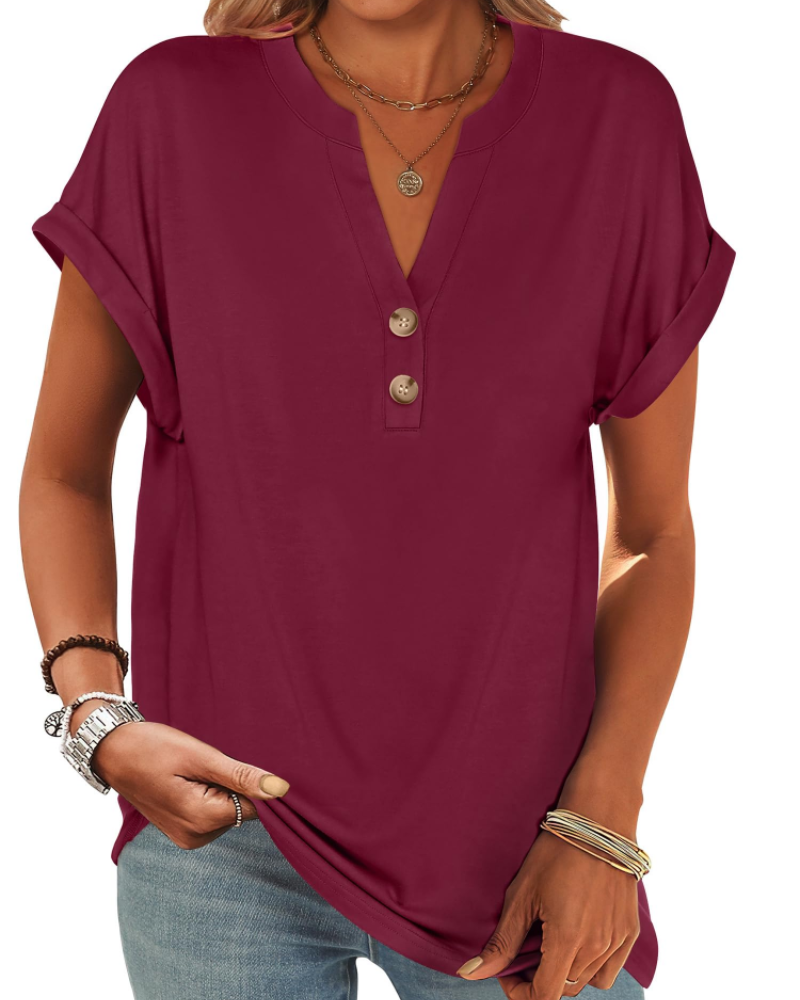 Manon Women's Top – V-Neck Henley Blouse with Buttons, Casual Chic Fluid Fit Summer