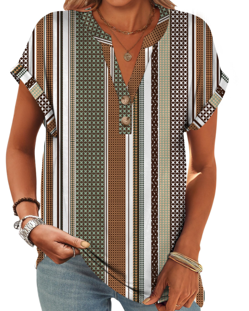 Manon Women's Top – V-Neck Henley Blouse with Buttons, Casual Chic Fluid Fit Summer