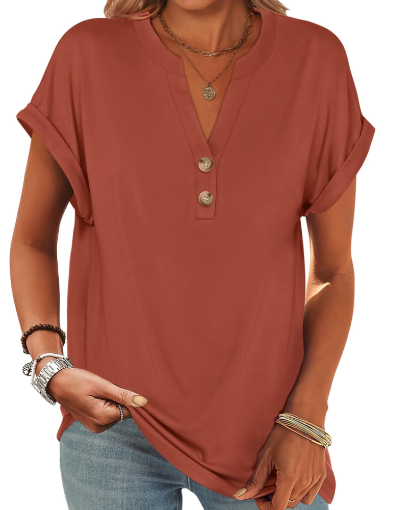 Manon Women's Top – V-Neck Henley Blouse with Buttons, Casual Chic Fluid Fit Summer