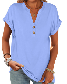 Manon Women's Top – V-Neck Henley Blouse with Buttons, Casual Chic Fluid Fit Summer