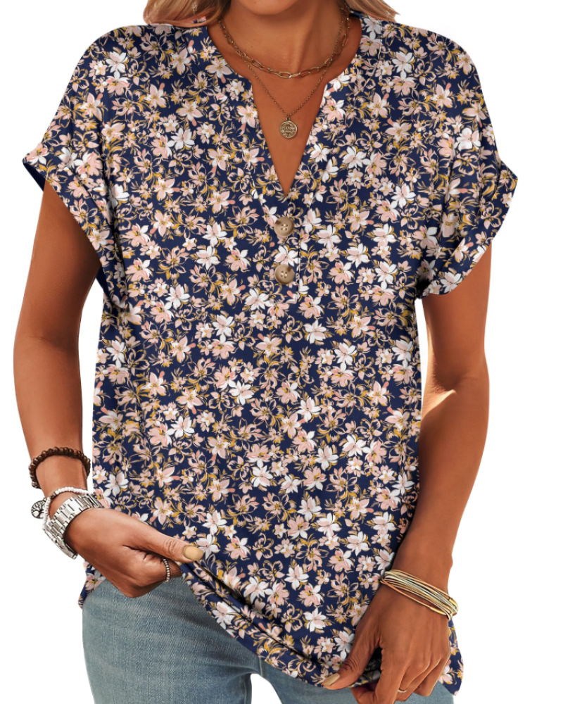Manon Women's Top – V-Neck Henley Blouse with Buttons, Casual Chic Fluid Fit Summer