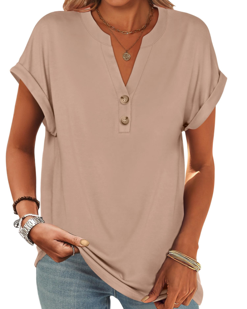 Manon Women's Top – V-Neck Henley Blouse with Buttons, Casual Chic Fluid Fit Summer
