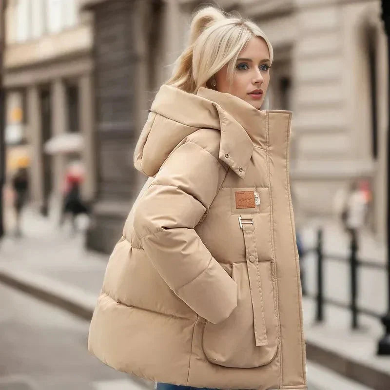 Hainie Waterproof Down Jacket Woman – Warm Winter Coat with Hood & Oversize Cut