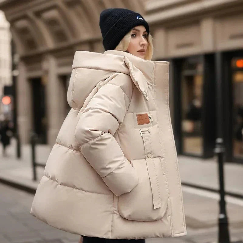 Hainie Waterproof Down Jacket Woman – Warm Winter Coat with Hood & Oversize Cut