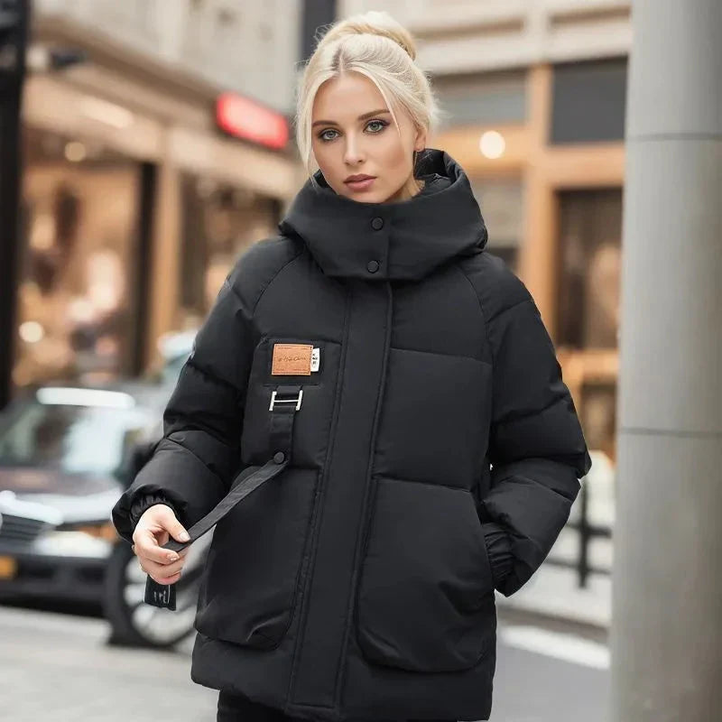 Hainie Waterproof Down Jacket Woman – Warm Winter Coat with Hood & Oversize Cut