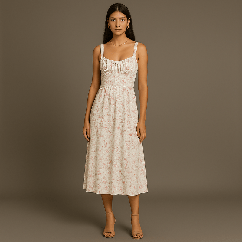 Emelie Midi Dress Women – Romantic Floral Dress with Adjustable Straps & Fitted Waist