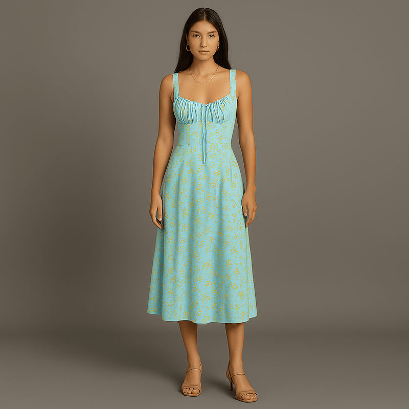 Emelie Midi Dress Women – Romantic Floral Dress with Adjustable Straps & Fitted Waist