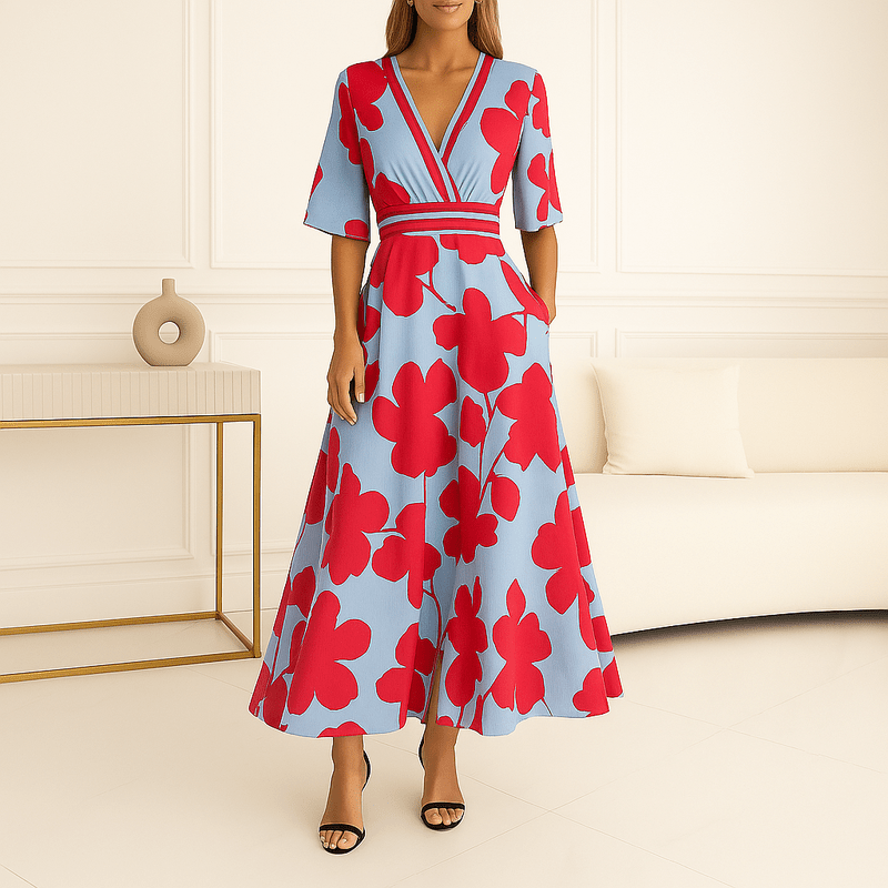 Beautiful Long Dress for Women - Floral dress with V-neck, belt, and slit for summer elegance
