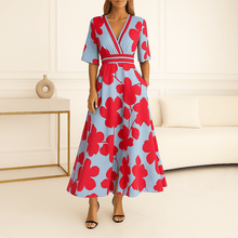 Beautiful Long Dress for Women - Floral dress with V-neck, belt, and slit for summer elegance