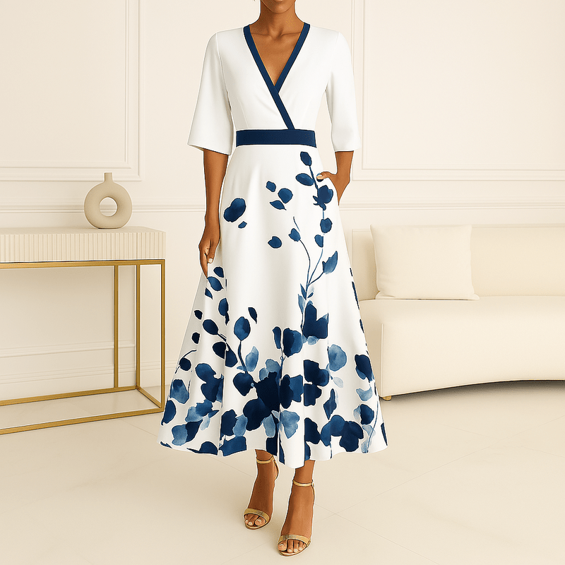 Beautiful Long Dress for Women - Floral dress with V-neck, belt, and slit for summer elegance
